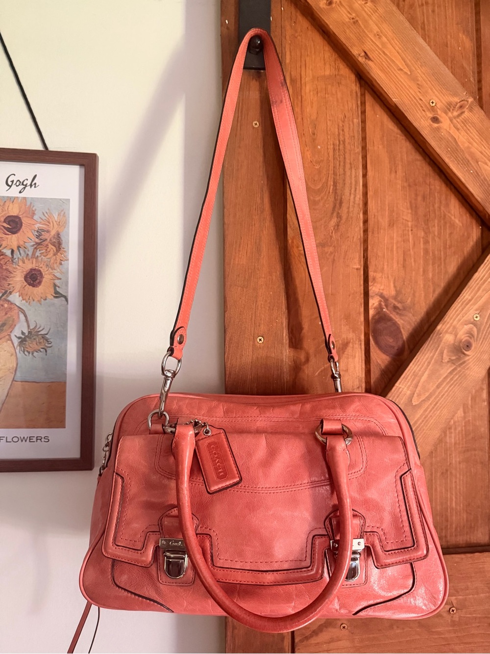 Vintage Coach Poppy Leather Pushlock Satchel - Coral Pink Peach Y2K